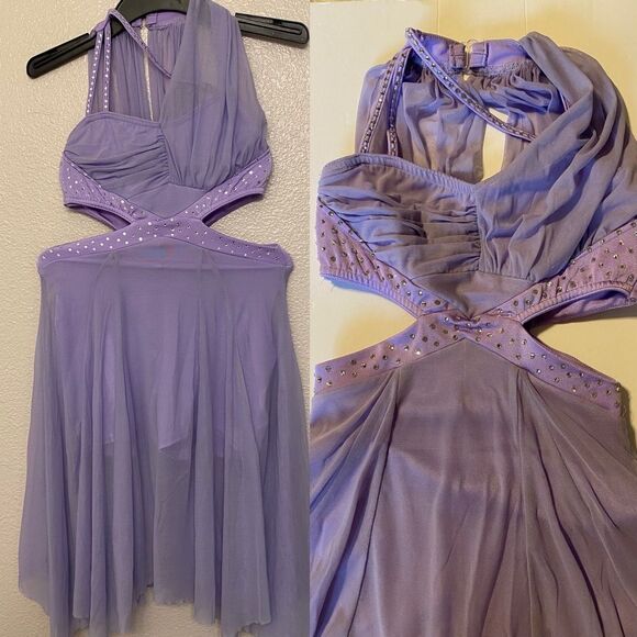 Reverence Custom solo rhinestoned dance costume lavender mesh cutout leotard  LC - Picture 1 of 13